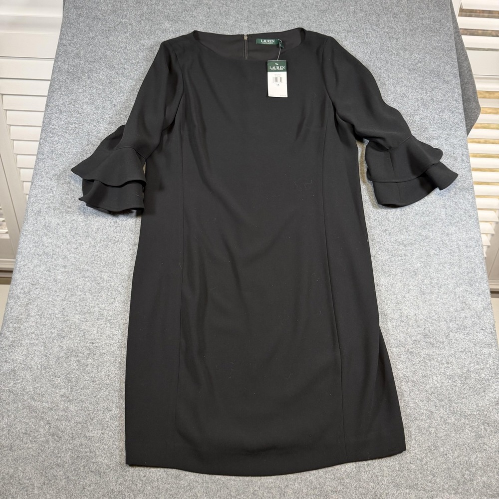 Lauren Ralph Lauren Dress Womens 14 Black Sheath Ruffle Bell Sleeve Knee Length